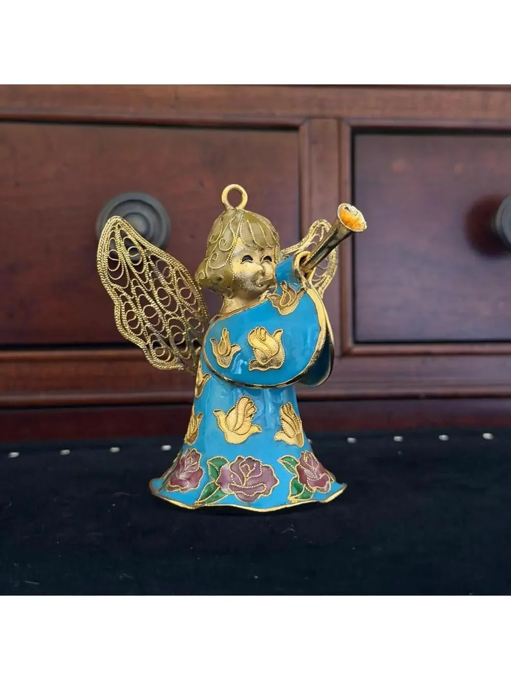 Vintage hand painted Gold and Blue Angel Ornament Bell.